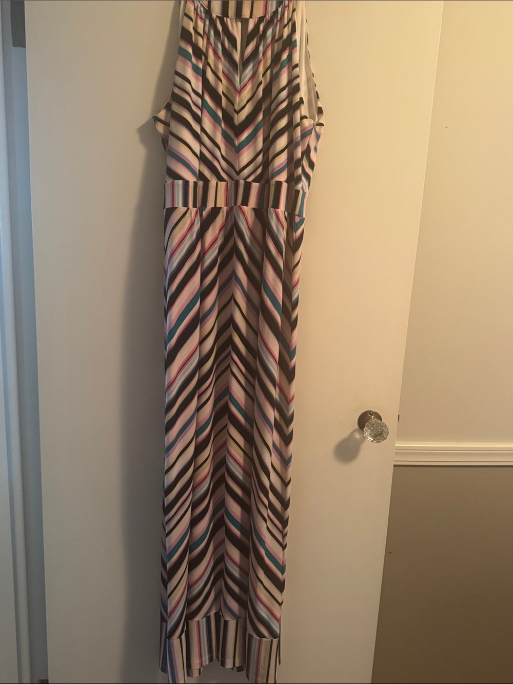Roz & Ali Striped Maxi Dress in Cream, Black, Pink & Teal